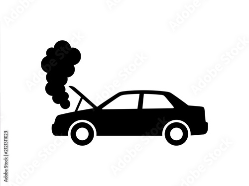 Broken down car vector icon, damaged vehicle with smoking open hood, auto roadside assistance symbol