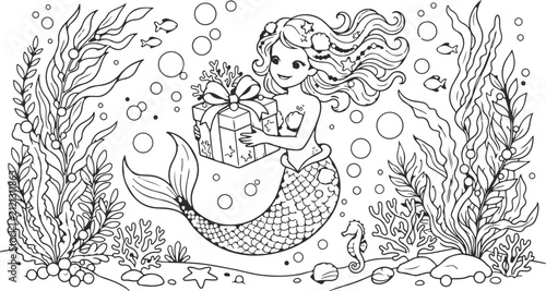 Mermaid Holding Gift Box Underwater Coloring Page