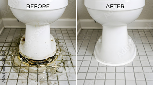 Bathroom toilet repair before and after | Professional toilet caulking and cleaning | Removing mold from bathroom floor tiles | Plumbing maintenance and floor restoration