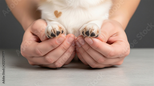Small dog paws are held carefully by hands showing a heart-shaped patch on the fur near the front leg.