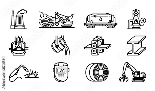 Industrial Icons Set: Factory, Mining, Steel, Welding, Metallurgy, Manufacturing Vector Graphics