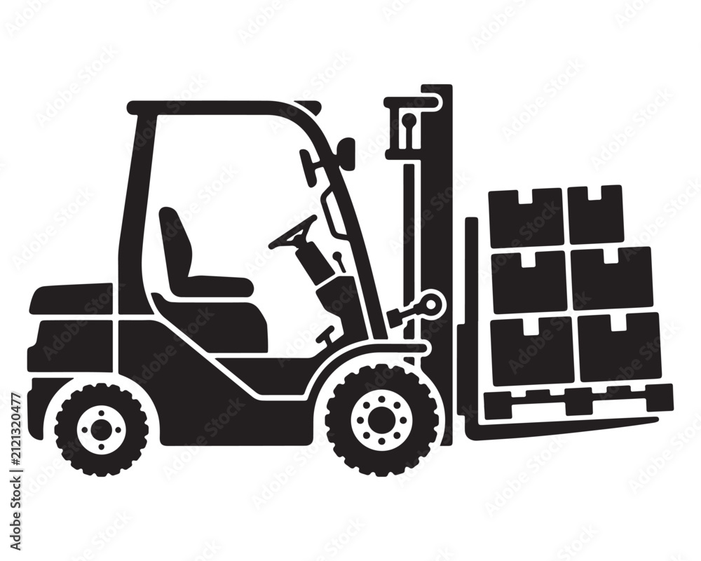 Naklejka premium Forklift transporting stacked cardboard boxes represents efficient industrial logistics and warehouse management operations today.