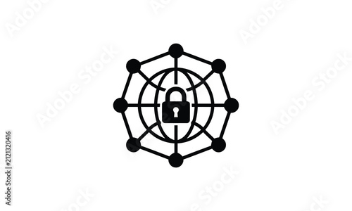 Editable black and white icon showing a digital globe with a secure padlock for cybersecurity network concepts