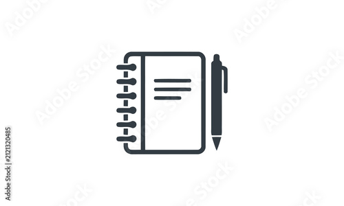 Minimalist black and white icon featuring an editable notebook with a pen for writing and professional note taking