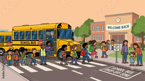 Children Crossing at a School Entrance with School Buses Flat Cartoon Vector Illustration