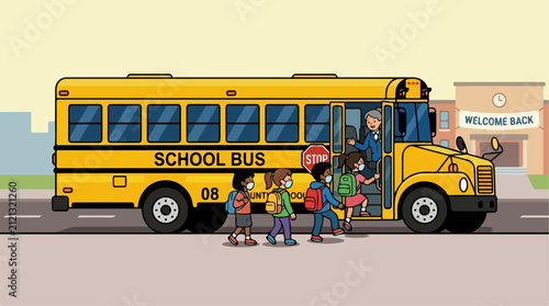 Happy Kids Boarding a School Bus Flat Cartoon Vector Illustration