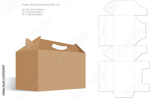 Paper Bag Packaging Die Cut Template | Foldable Gift Box Dieline with Handle, Printable Packaging Mockup Vector
