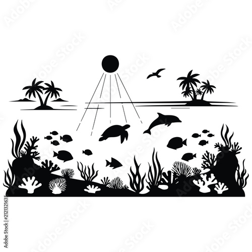 Underwater silhouette vector illustration coral reef fish turtle dolphin palm trees.