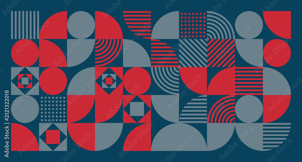 Fototapeta premium A structured grid of red and gray geometric shapes on dark blue, combining curves, stripes, and symmetry for balance.