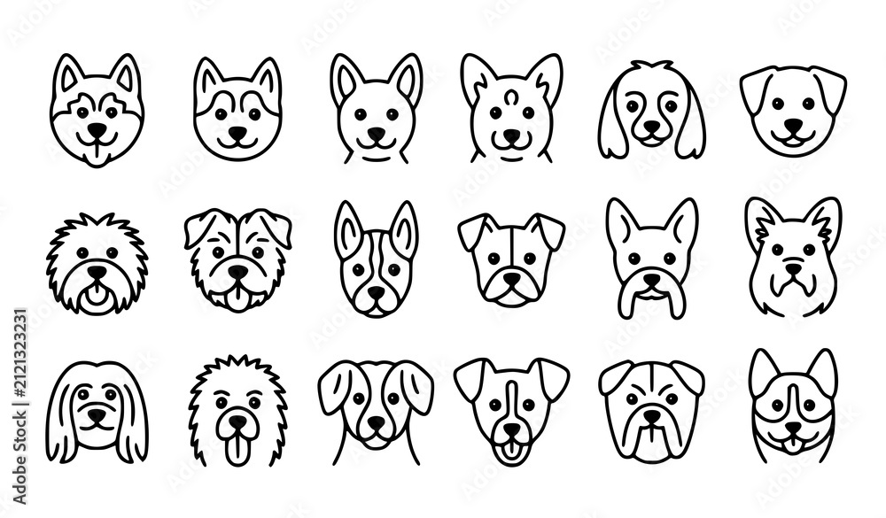 Fototapeta premium Cute dog face outline icon collection featuring different breeds and expressive canine portraits