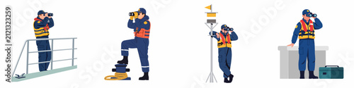 Картината върху платно Set of maritime coast guard officers in uniform and life vests looking through binoculars in various nautical settings, flat vector illustration