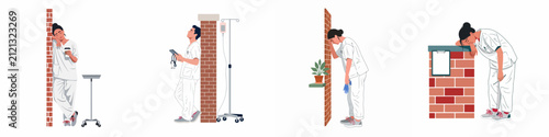 Illustrations of exhausted healthcare workers in scrubs leaning against walls, depicting medical burnout, stress, and fatigue after long hospital shifts.