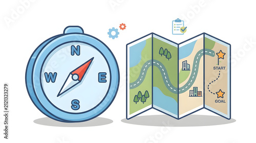 Compass and folded map with path towards goal for business planning and travel navigation