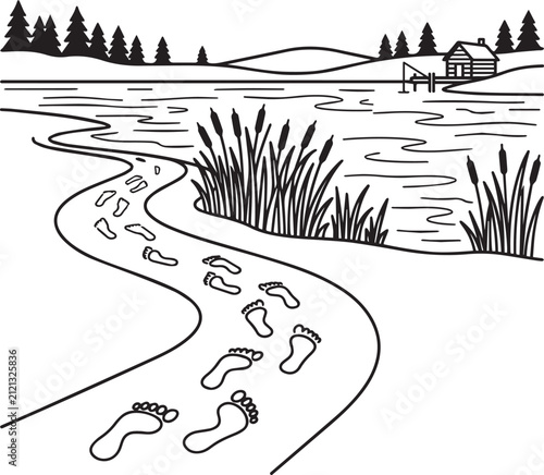 Lakeside Footprints Path Landscape Vector Illustration, Peaceful Lake Shore Nature Scene Outline Drawing .