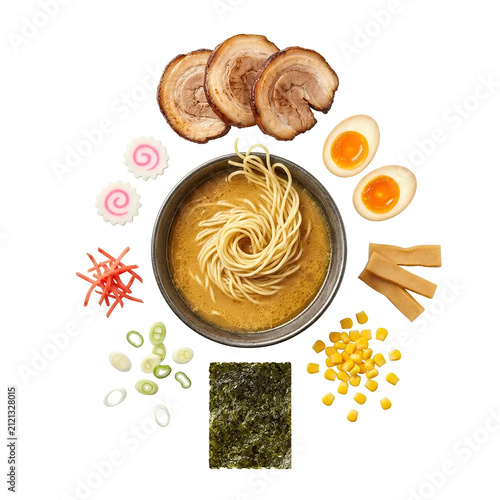 Japanese Ramen Bowl Exploded Ingredients Isolated White - Generative AI
