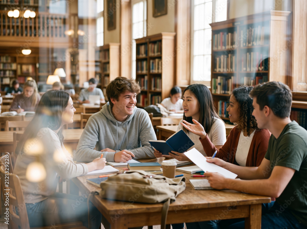 Obraz premium Students talking and laughing behind glass in a sunlit university library representing academic collaboration and campus community.