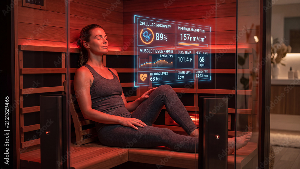 Fototapeta premium Woman relaxing in an infrared sauna with a futuristic health monitoring display showing wellness data.
