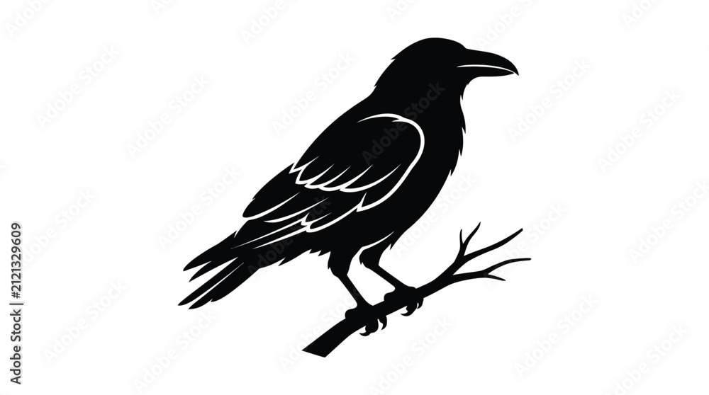 Fototapeta premium Black raven silhouette on a branch. Vector illustration of a crow bird icon.
