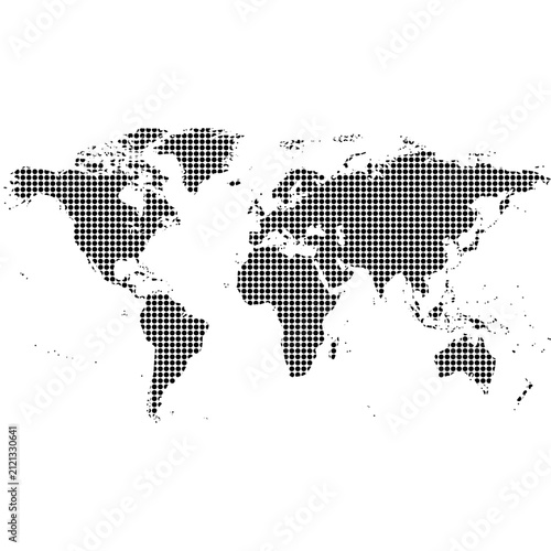 World map composed of a grid of tiny black dots presents a modern and minimalist view of global geography.