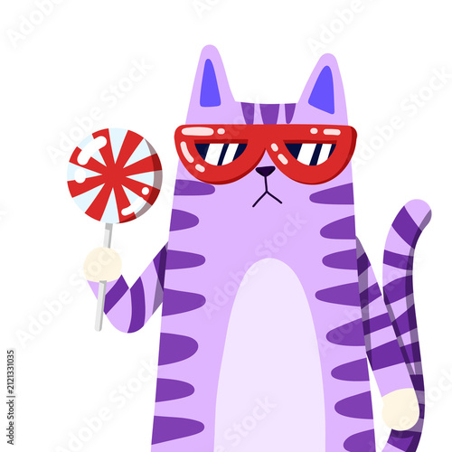 Bild auf Leinwand Cool purple cat wearing red sunglasses and grab a candy