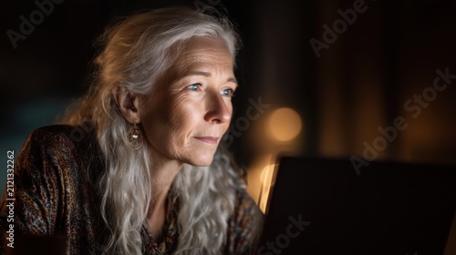 Mature woman laptop night