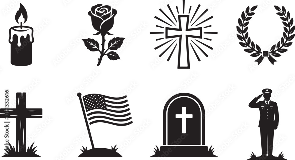 Fototapeta premium Military Memorial Remembrance Tribute Symbols Vector Set