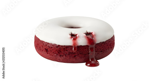 Konstfotografi Red velvet doughnut with white glaze and bleeding vampire bite holes