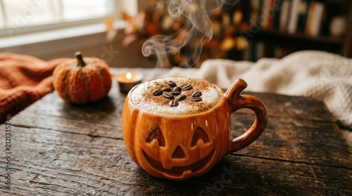 Pumpkin shaped mug with hot beverage and autumn decorations cozy indoor scene fall pumpkin-shaped cup drink coffee latte cappuccino halloween jack-o -lantern carved orange color