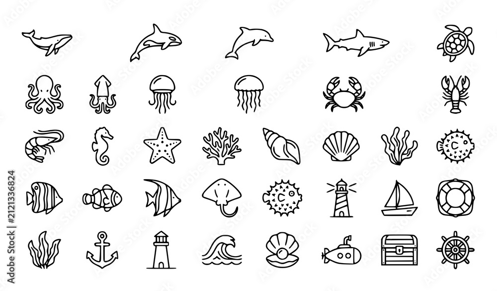 Obraz premium Hand Drawn Ocean Life Icons Collection with Dolphins Sharks Fish Jellyfish Shells Starfish Anchors and Marine Elements