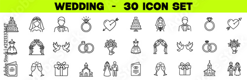 Wedding Icon Set – Marriage, Ceremony, Party, Love, Rings and Bouquet Icons, Editable Stroke, Vector Illustration