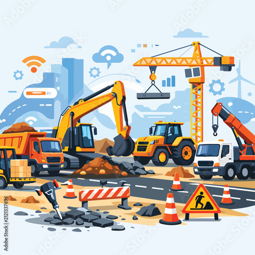 Construction site illustration with machinery and workers