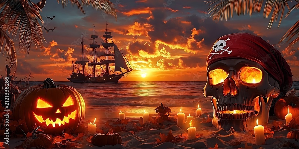 Naklejka premium Spooky Halloween scene with a pirate skull and carved pumpkin on a tropical beach at sunset time