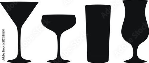 Fotografía Collection of four different types of empty cocktail glasses in black silhouette