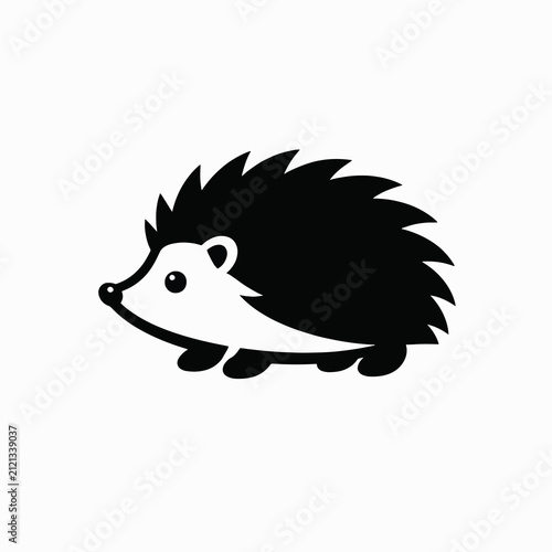 Minimalist black and white vector illustration of a cute hedgehog icon