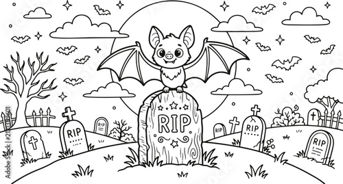 Cute bat sitting on a tombstone in a spooky graveyard at night for a halloween coloring page