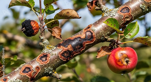 Apple tree branch showing symptoms of fungal disease canker infection on bark