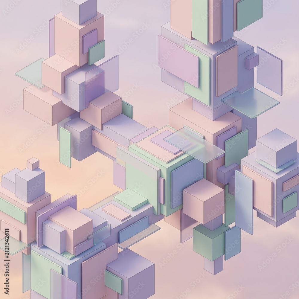 Fototapeta premium Abstract composition of pastel colored geometric cubes and transparent glass plates in isometric.