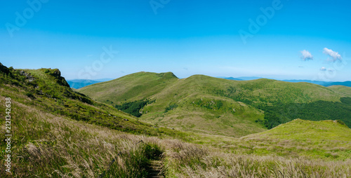 A panorama of green mountains. A view of Tarnica in the Bieszczady Mountains from Bukowe Berdo.