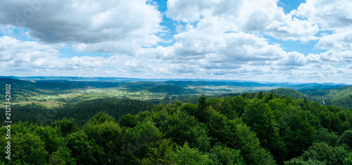 A panoramic view of green forests and hills under a cloudy sky. Bieszczady Mountains. View from the observation tower on Jeleniowaty.