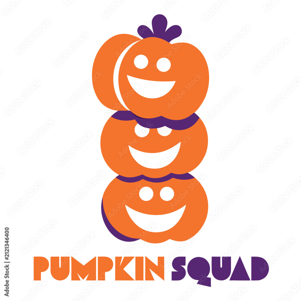 Fototapeta premium Pumpkin squad logo design with three stacked orange pumpkins and purple text