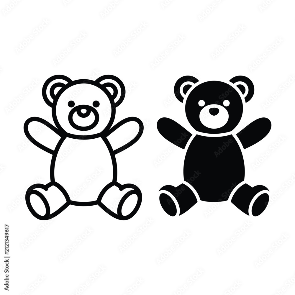 Fototapeta premium Cute cartoon teddy bears sitting side by side. Adorable plush bear friends in black and white line art illustration.