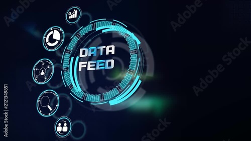 Broadcasting live corporate data feed stream on glowing technological hud display with modern analytics research icons