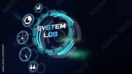 Secure system log analysis interface visual displaying futuristic digital technology circles and corporate cyber tech icons