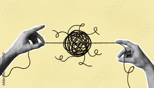 Hands Pulling Tangled Yarn Ball Conceptual Problem Solving