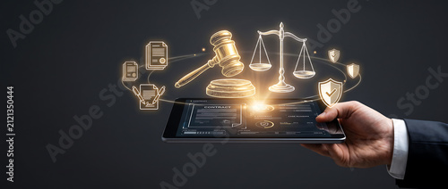 Hand holding tablet with legal icons. Digital law concept with glowing gavel and scales.