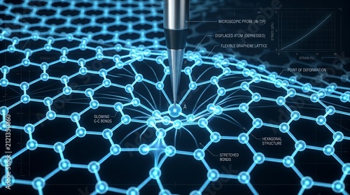 Atomic probe scanning blue hexagonal molecular grid structure.