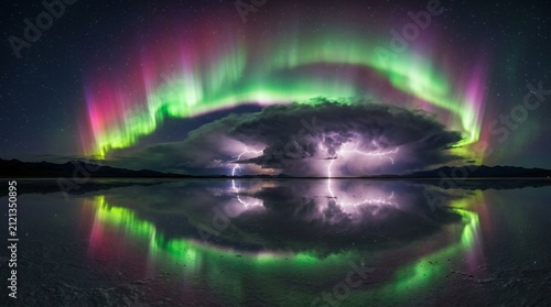 Aurora borealis glowing above thunderstorm and lake reflection.