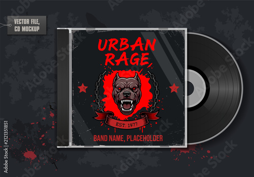 Urban Rage. Grunge CD jewel case album cover mockup featuring an aggressive pitbull dog with red splatters, chains, and typography. Perfect for rock or hip hop music band release. Vector illustration
