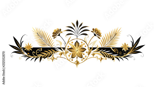 Ornate Black and Gold Botanical Divider with Central Geometric Flower