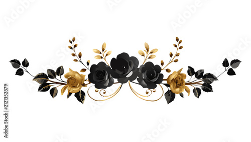 Black and Gold Rose Floral Divider with Elegant Botanical Leaves